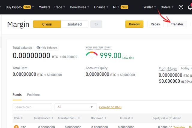 Chuyển coin từ ví Spot và Fiat qua ví Margin Binance